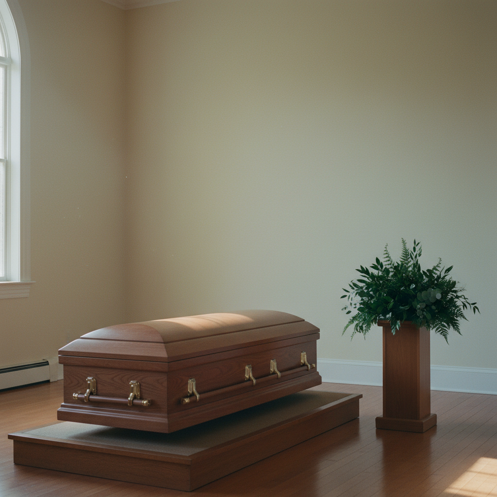 A casket placed at the front of the Westbrook chapel for a funeral service