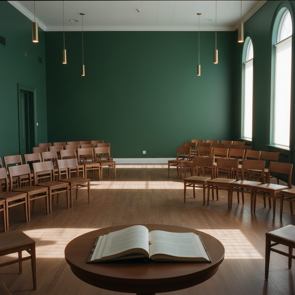 The visitation room set with chairs and a guestbook
